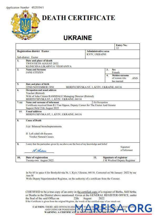 Blank Ukraine death certificate Word and PDF template